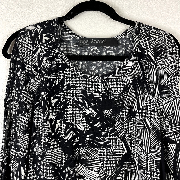 Yigal Azrouel Cold Shoulder Silk Top Womens 6 Black Blouse Printed Long Sleeve - Picture 2 of 13